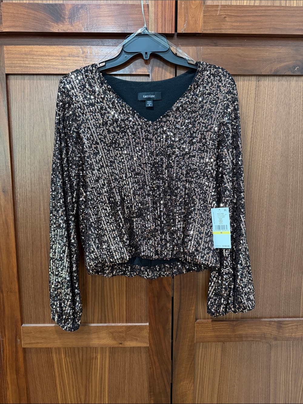 Karen Kane Blouson Sleeve Sequin V-Neck Top in brown size Mesium